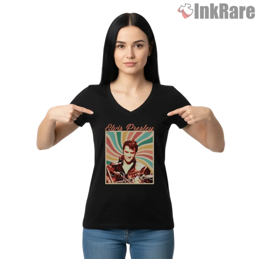 Elvis Presley Retro Sunset Guitar Fanart Shirt on black v-neck shirt for women graphic tee