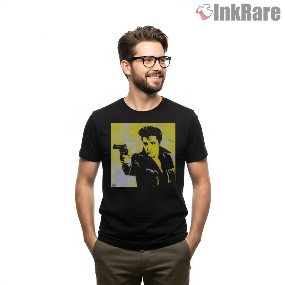 Elvis Presley Rock And Movie Star Poster Shirt on black short sleeve shirt for men graphic tee