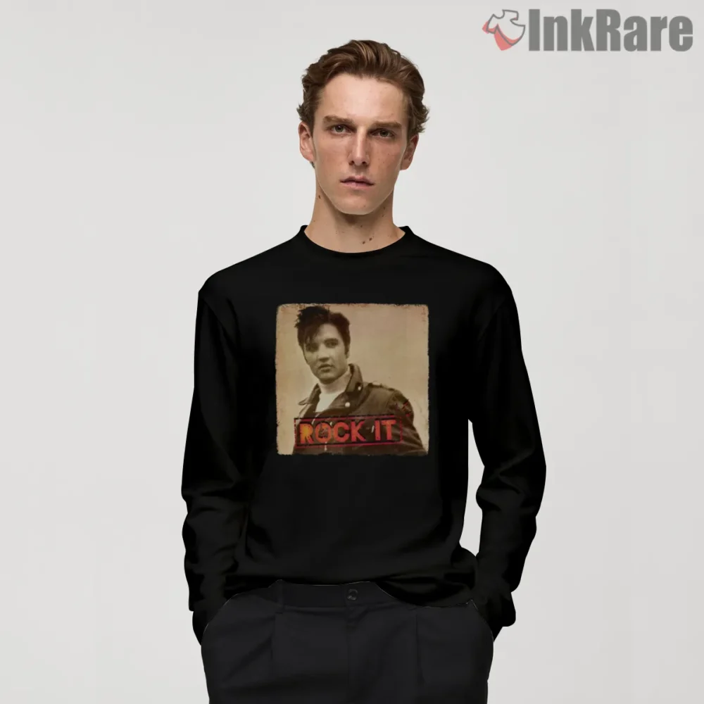 Elvis Presley Rock It Vintage Denim Jacket Shirt on black long sleeve shirt for men graphic tee