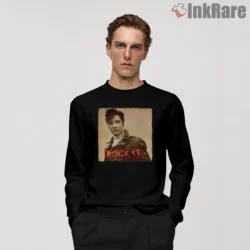 Elvis Presley Rock It Vintage Denim Jacket Shirt on black long sleeve shirt for men graphic tee