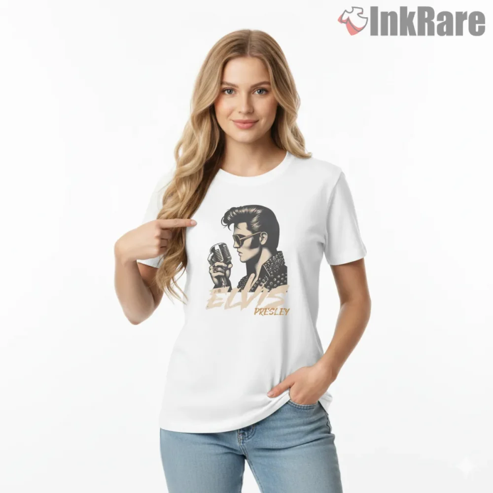 Elvis Presley Rockabilly Microphone Sketch Shirt on white short sleeve shirt for women graphic tee
