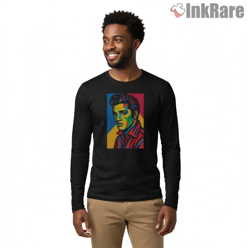 Elvis Presley Teal And Gold Retro Portrait Shirt on black long sleeve shirt for men graphic tee