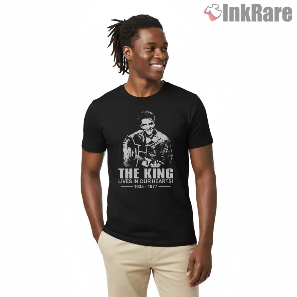 Elvis Presley The King Lives In Our Hearts Shirt on black short sleeve shirt for men graphic tee