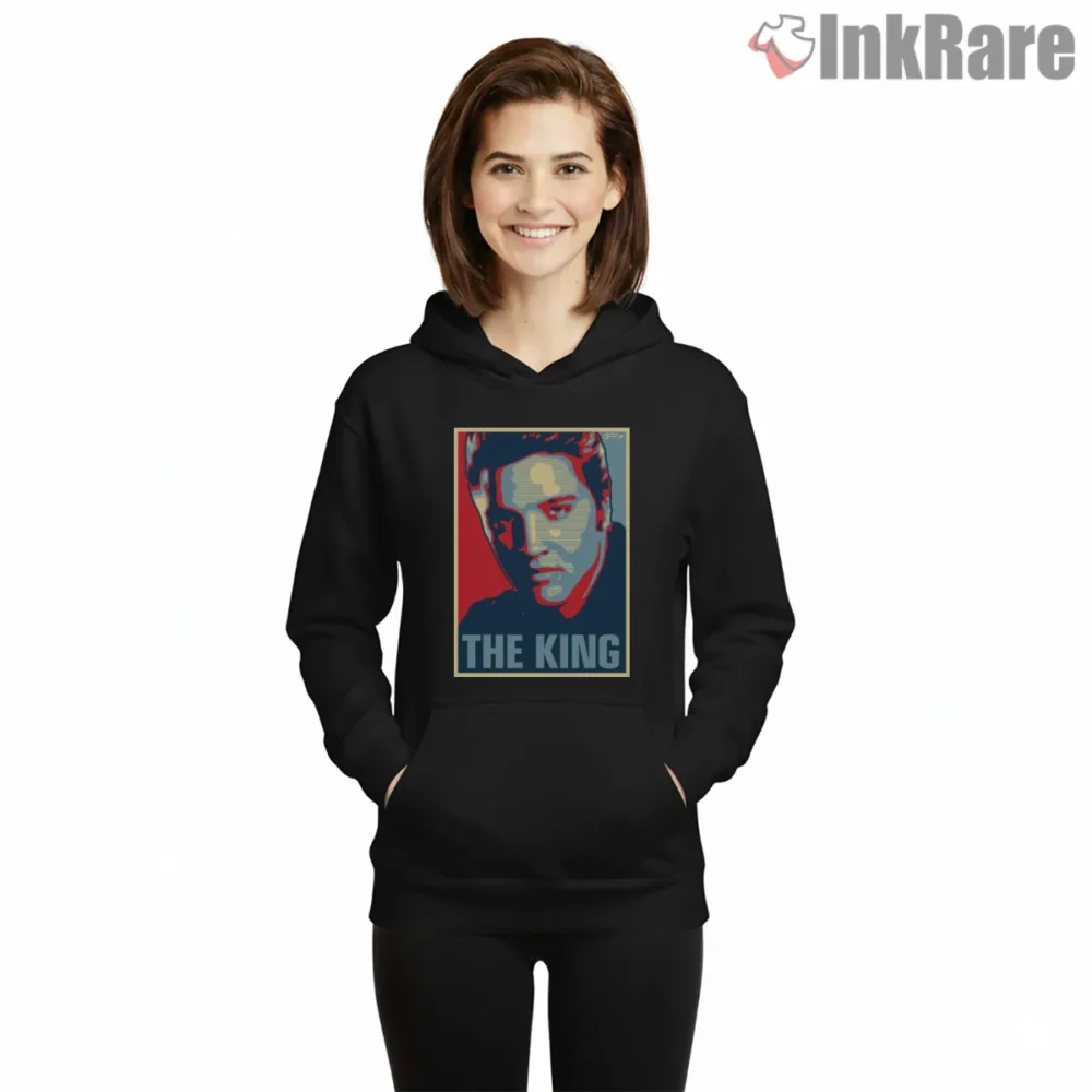 Elvis Presley The King Pop Portrait Shirt on black hoodie for women graphic tee