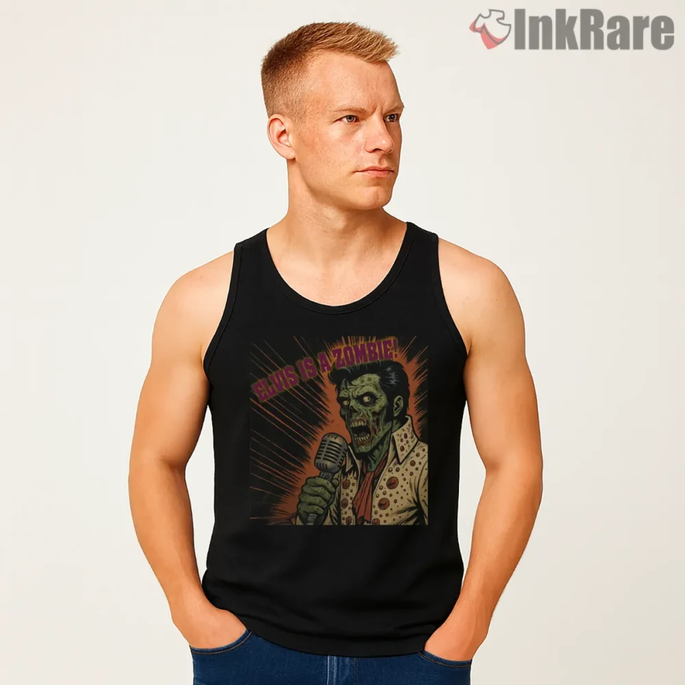 Elvis Presley Undead Rock Zombie Shirt on black tank top for men graphic tee