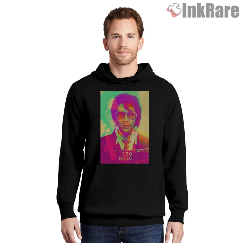Elvis Presley Vaporwave Mugshot Art Shirt on black hoodie for men graphic tee