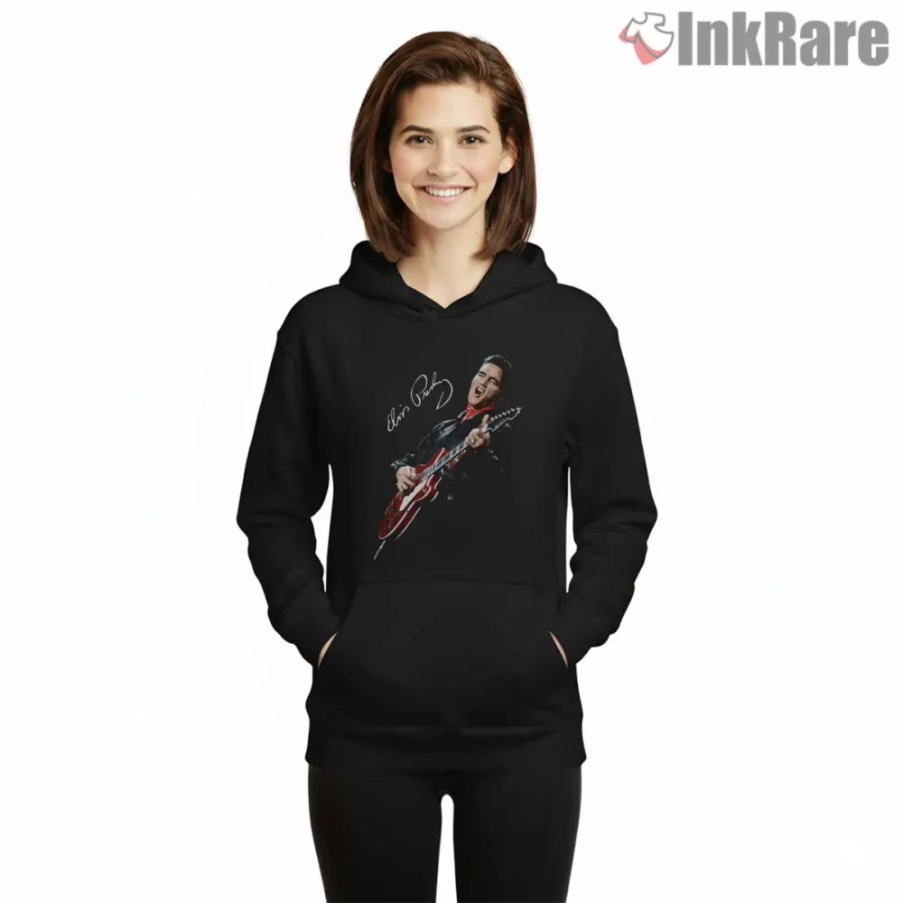 Elvis Presley Vintage Guitar Spotlight Shirt on black hoodie for women graphic tee
