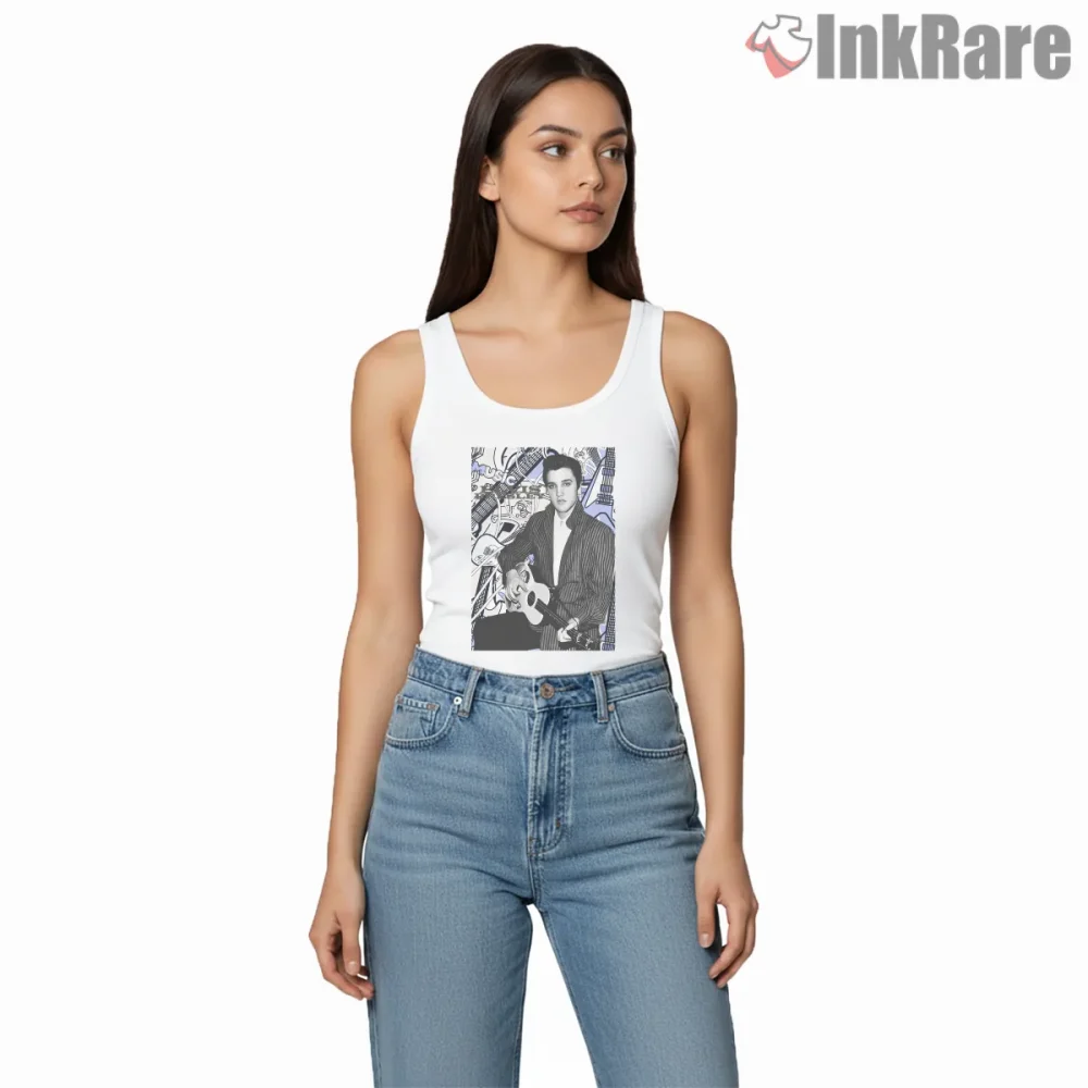 Elvis Presley Vintage Line Art Collage Shirt on white tank top for women graphic tee