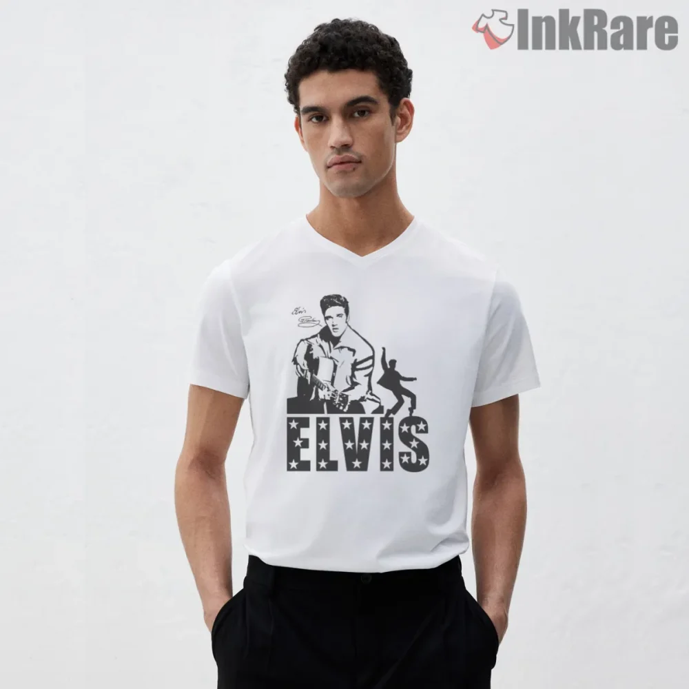 Elvis Presley Vintage Silhouette Dance Shirt on white v-neck shirt for men graphic tee