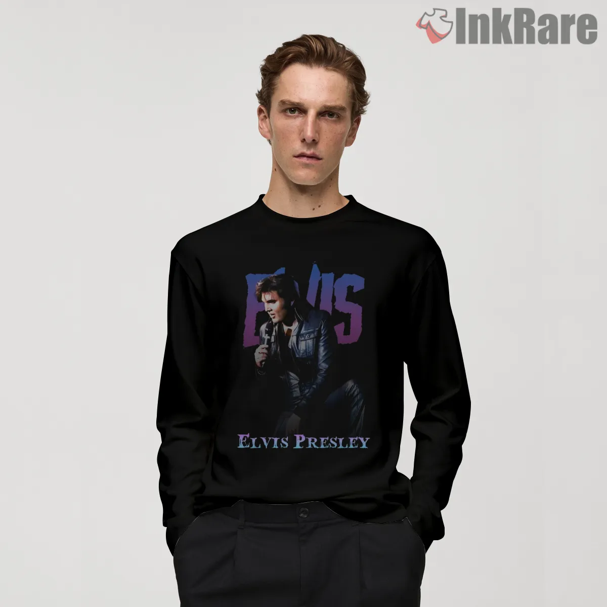 Elvis Presley Vintage Spotlight Performance Shirt on black long sleeve shirt for men graphic tee