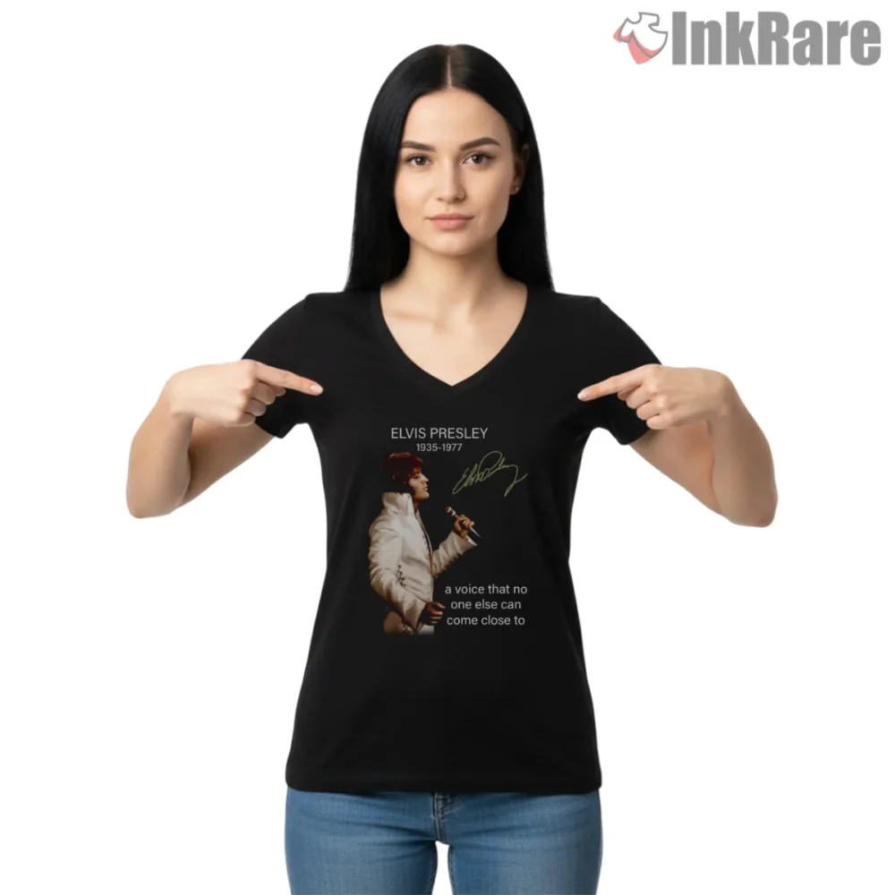 Elvis Presley Voice Of A Generation Memorial Shirt on black v-neck shirt for women graphic tee