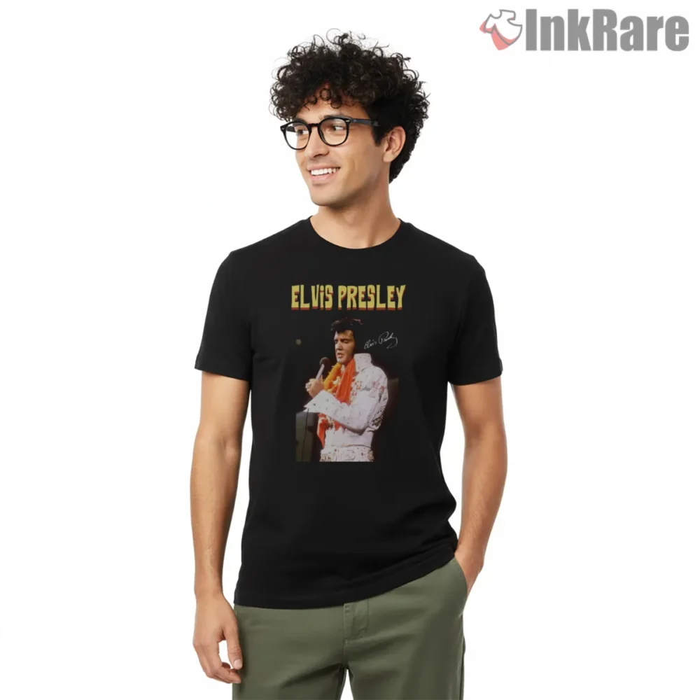 Elvis Presley White Jumpsuit Stage Moment Shirt on black short sleeve shirt for men graphic tee
