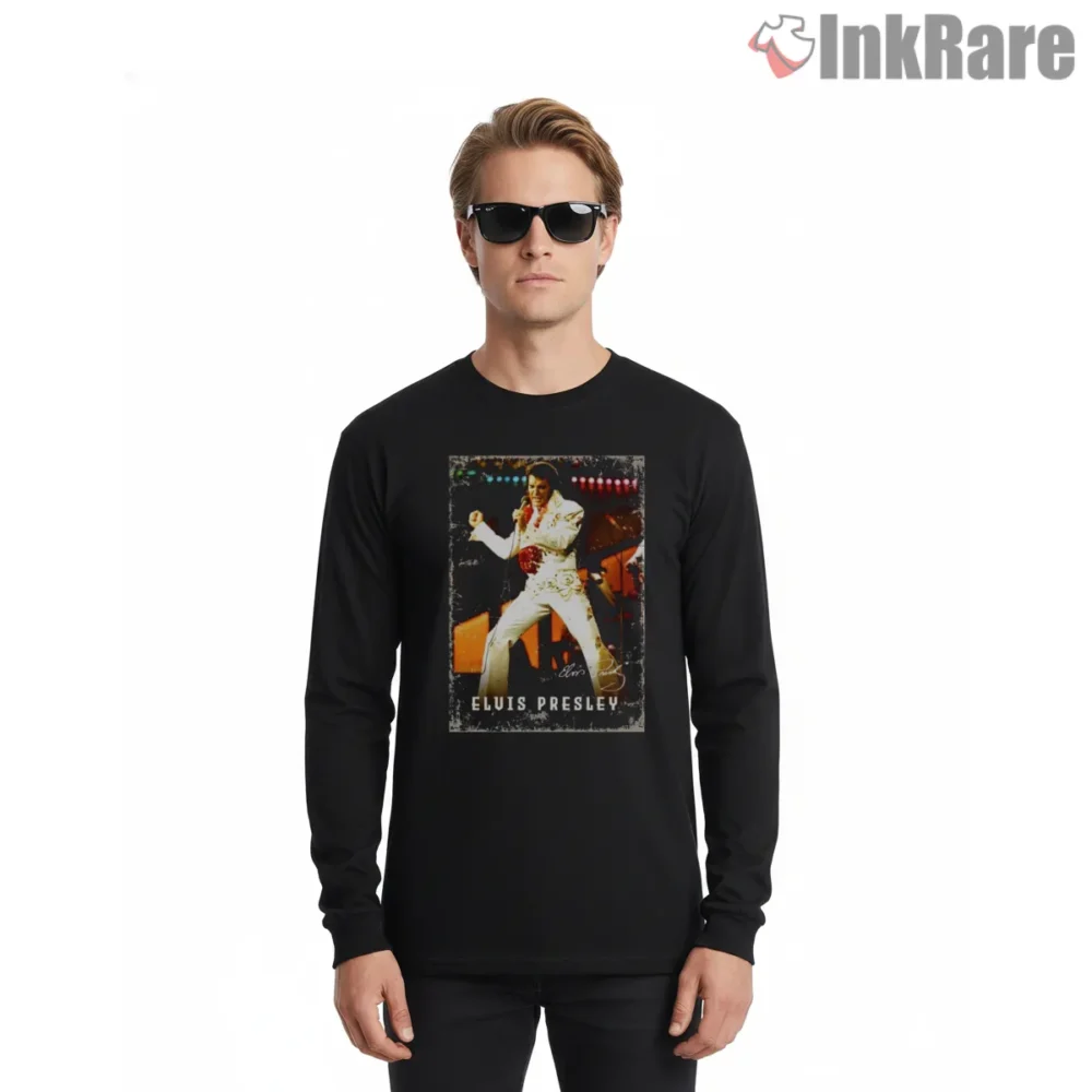 Elvis Presley White Jumpsuit Vintage Stage Shirt on black long sleeve shirt for men graphic tee