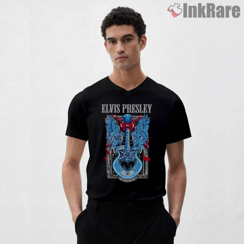 Elvis Presley Winged Blue Guitar Emblem Shirt on black v-neck shirt for men graphic tee