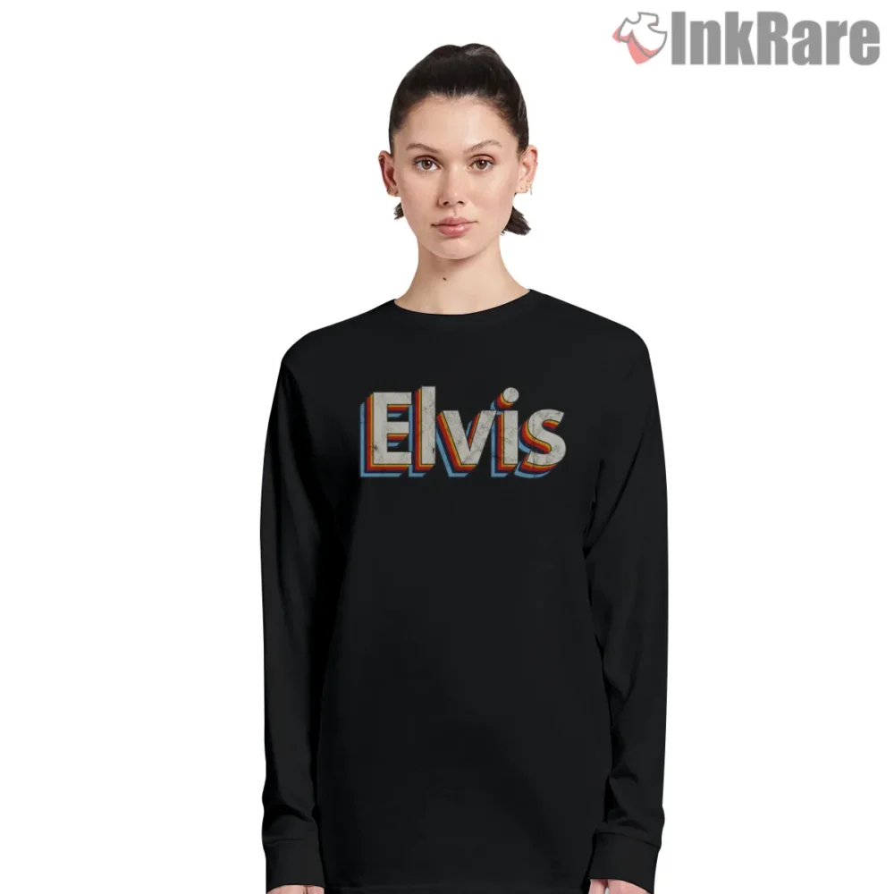 Elvis Vintage Retro Lettering Logo Shirt on black long sleeve shirt for women graphic tee