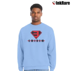 Men’s Eminem Superman Logo Graphic Fan Crewneck Sweatshirt in light blue | Cozy Fabric, Clean Style