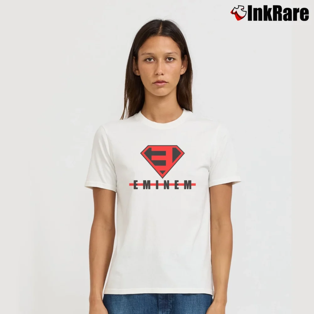 Women’s Eminem Superman Logo Graphic Fan Signature T-Shirt in white | Soft, Flattering Fit