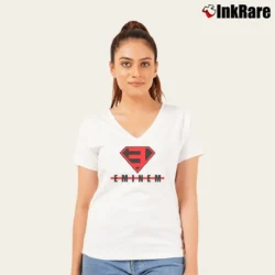 Women’s Eminem Superman Logo Graphic Fan V-Neck Tee in white | Chic Neckline, Soft Texture