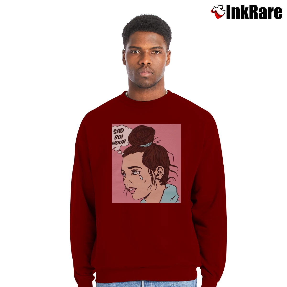 Men’s Emma Chamberlain Sad Boi Hour Crewneck Sweatshirt in maroon | Cozy Fabric, Clean Style