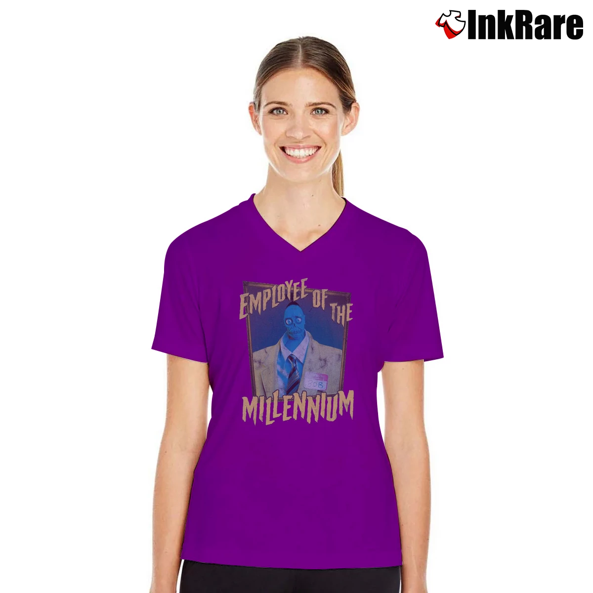Employee Of The Millenium Bob Beetlejuice Women’s V-Neck Tee in purple – Flattering Fit Women’s Employee Of The Millenium Bob Beetlejuice V-Neck Tee in purple | Chic Neckline, Soft Texture