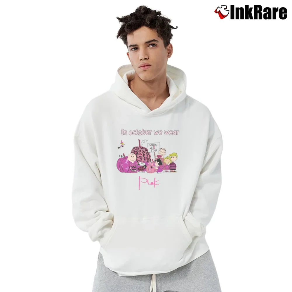 Men’s Empower In October We Wear Pink Snoopy Breast Cancer Pullover Hoodie in white | Cozy, Durable, Modern Fit