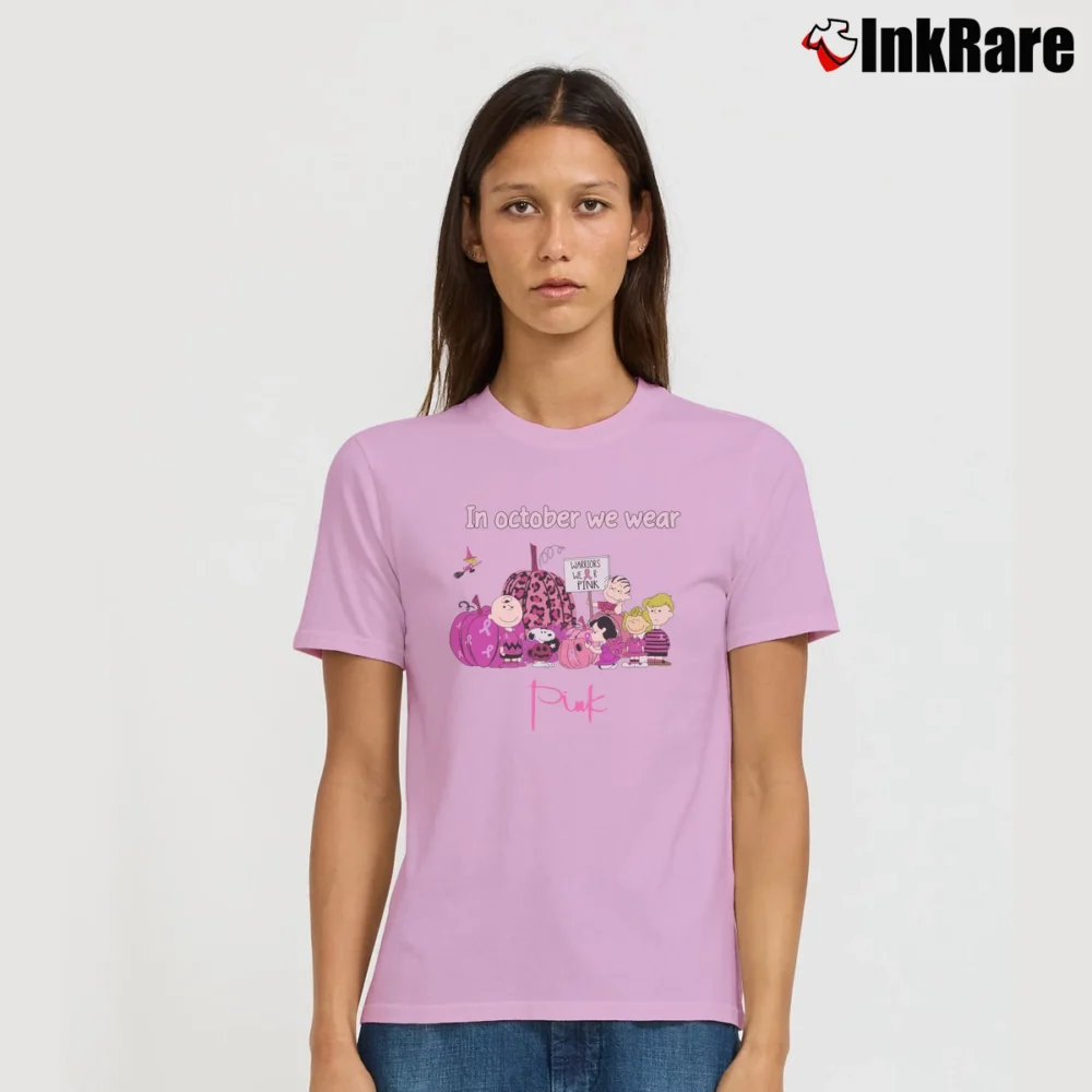 Women’s Empower In October We Wear Pink Snoopy Breast Cancer Signature T-Shirt in light pink | Soft, Flattering Fit