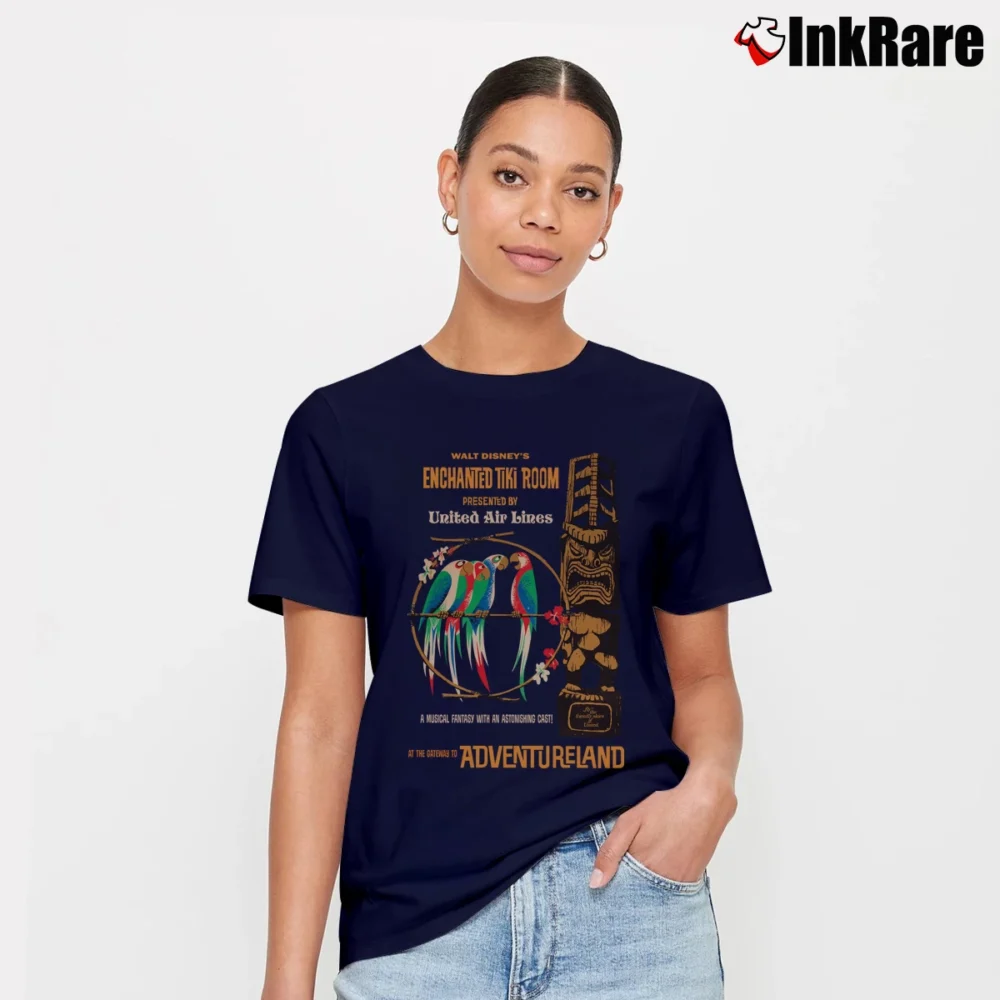 Women’s Enchanted Tiki Room Parrot Walt Disney Theme Park Signature T-Shirt in navy | Soft, Flattering Fit