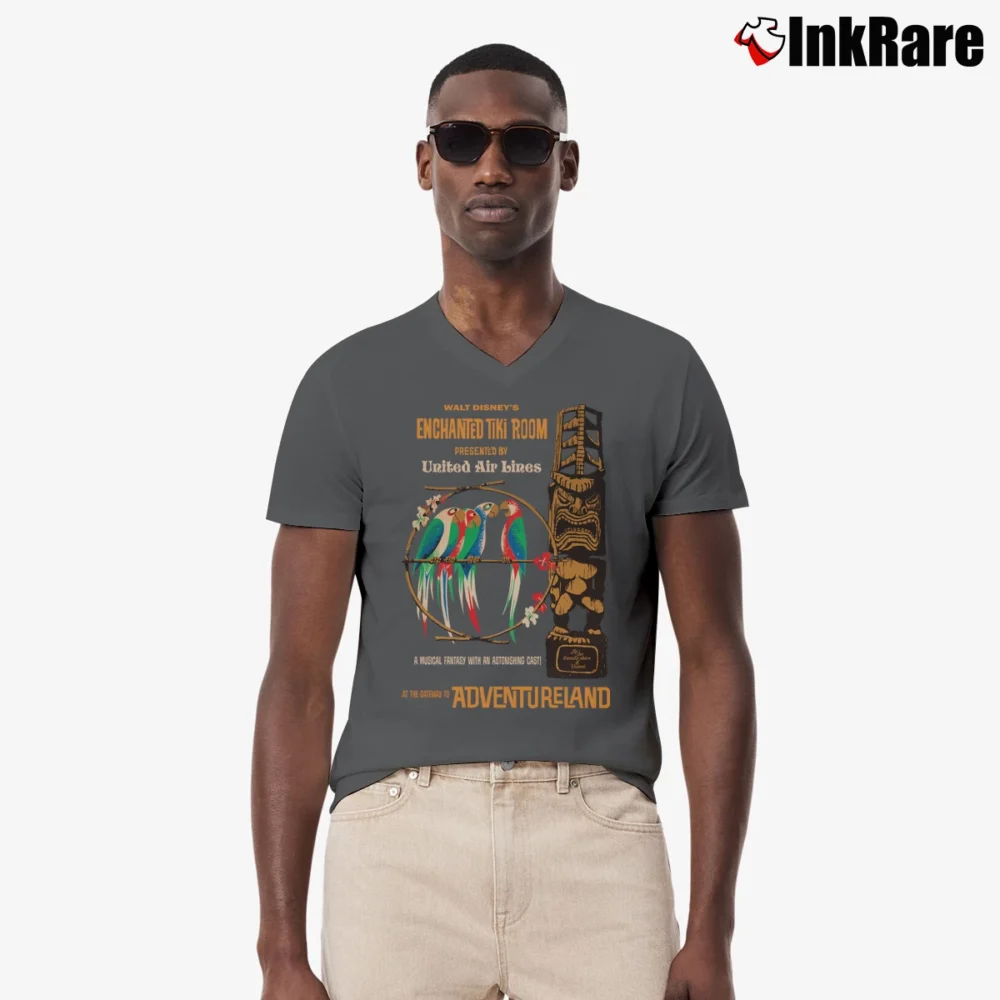 Men’s Enchanted Tiki Room Parrot Walt Disney Theme Park V-Neck Tee in charcoal | Sharp, Breathable, Everyday Staple