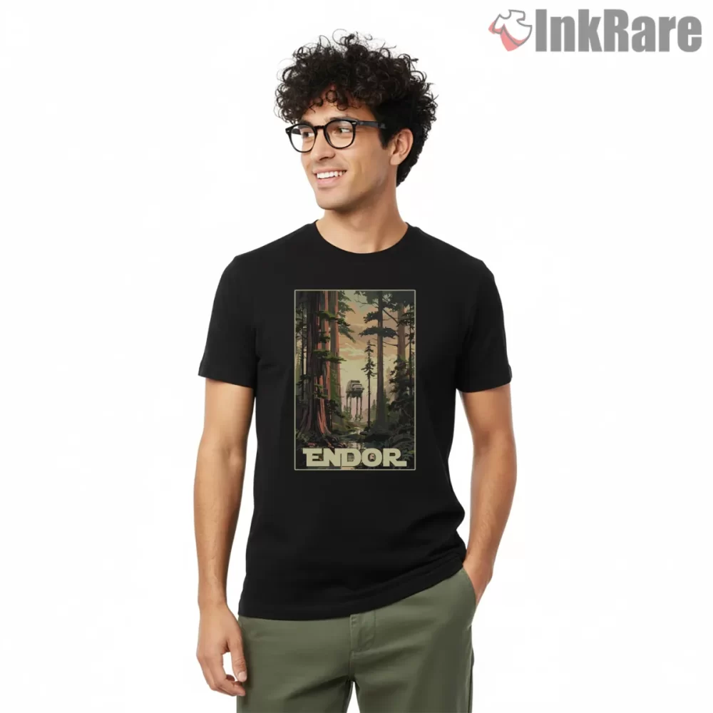 Endor National Park Vintage Wpa Poster Shirt on black short sleeve shirt for men graphic tee