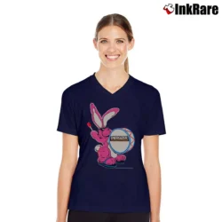 Women’s Energizer Bunny 90s Mascot Neon Batteries Graphic V-Neck Tee in navy | Chic Neckline, Soft Texture
