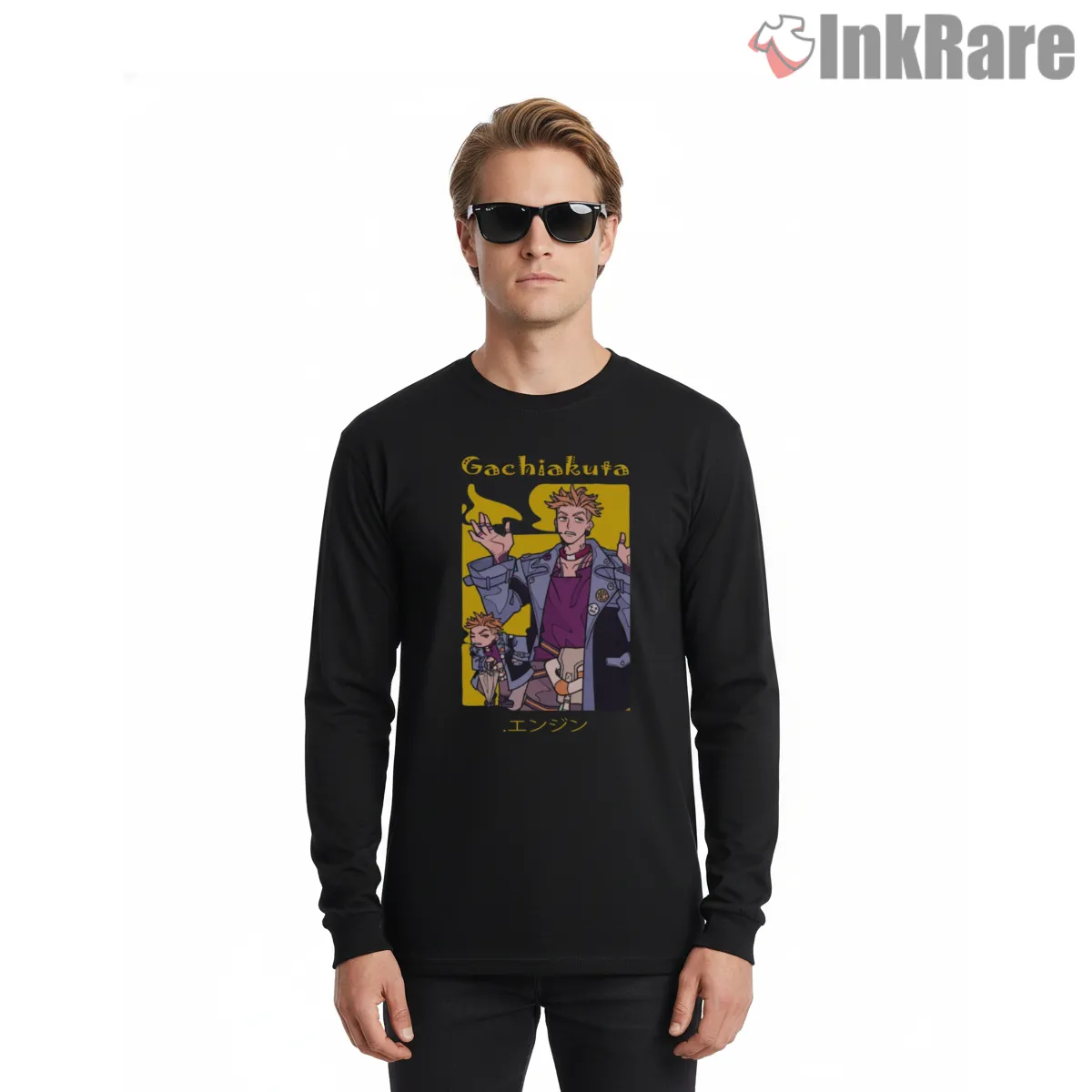Enjin Bold Yellow Character Graphic Gachiakuta Shirt on black long sleeve shirt for men graphic tee