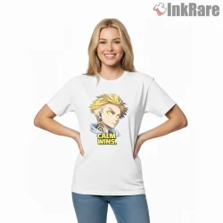 Enjin Calm Wins Minimal Portrait Typography Anime Shirt on white short sleeve shirt for women graphic tee