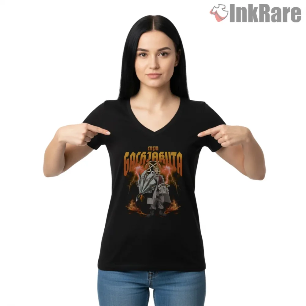 Enjin Dual Character Lightning Core Anime Shirt on black v-neck shirt for women graphic tee