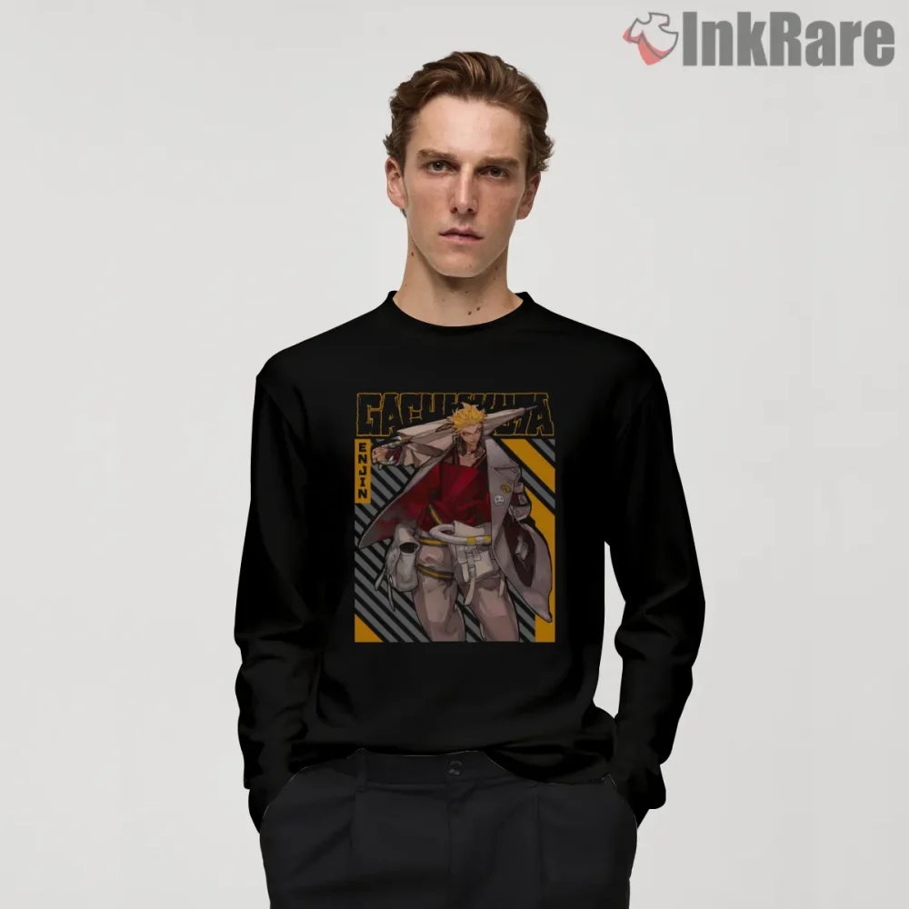Enjin Hero Pose Yellow Black Street Anime Shirt on black long sleeve shirt for men graphic tee