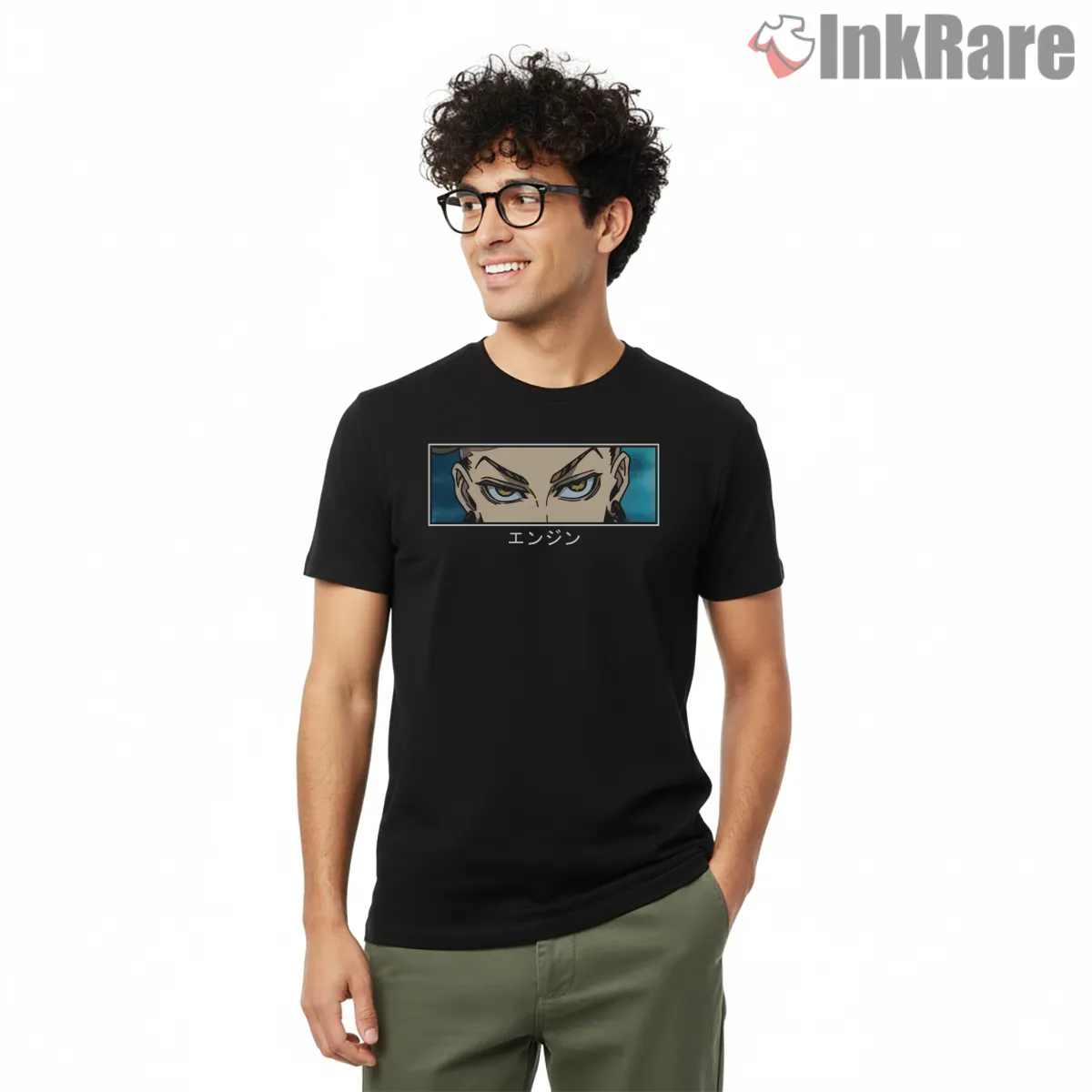 Enjin Intense Eye Close Up Minimal Anime Shirt on black short sleeve shirt for men graphic tee