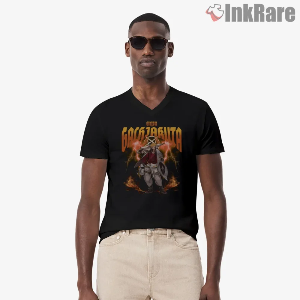 Enjin Lightning Aura Power Stance Gachiakuta Shirt on black v-neck shirt for men graphic tee