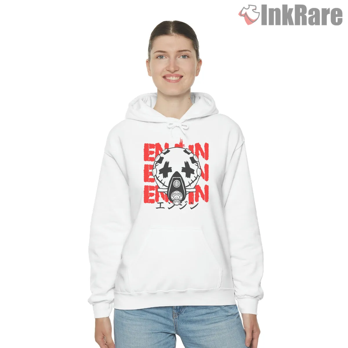 Enjin Mask Graphic Bold Red Text Anime Shirt on white hoodie for women graphic tee