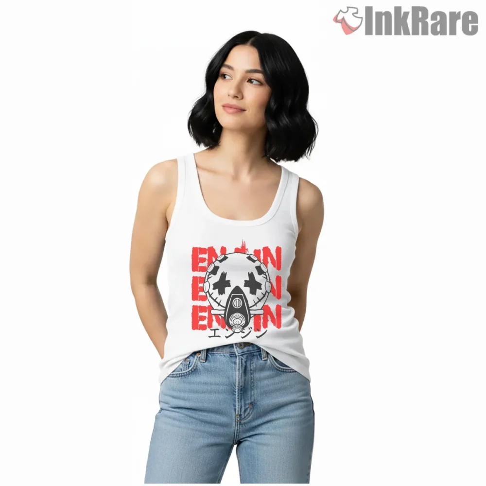Enjin Mask Graphic Bold Red Text Anime Shirt on white tank top for women graphic tee
