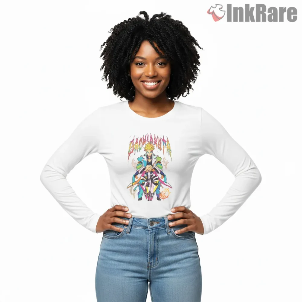 Enjin Neon Chaos Color Burst Anime Shirt on white long sleeve shirt for women graphic tee
