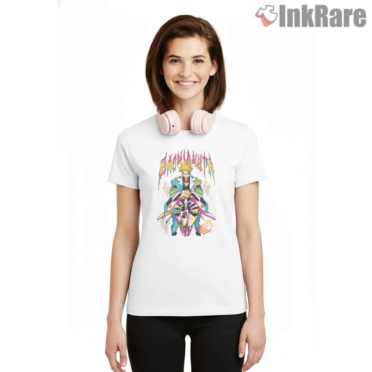 Enjin Neon Chaos Color Burst Anime Shirt on white short sleeve shirt for women graphic tee