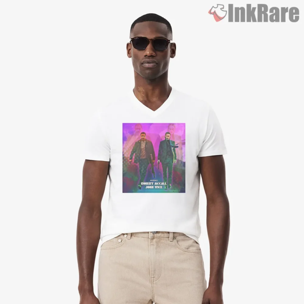 Equalizer And John Wick Neon Team Up Shirt on white v-neck shirt for men graphic tee
