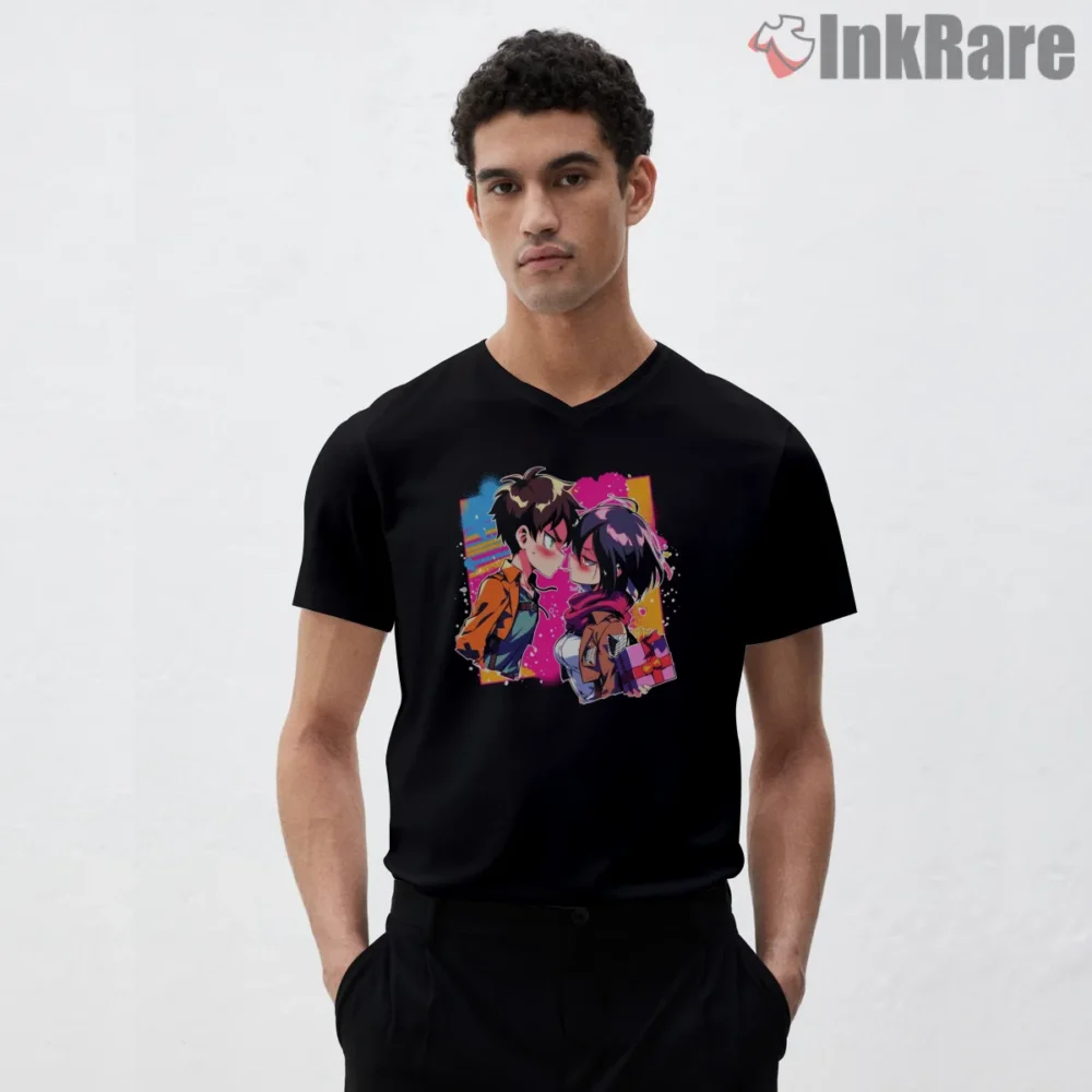 Eren And Mikasa Cute Confession Shirt on black v-neck shirt for men graphic tee