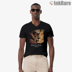 Eren Attack Titan Burning Skull Silhouette Shirt on black v-neck shirt for men graphic tee