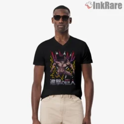 Eren Attack Titan Thunder Roar Shirt on black v-neck shirt for men graphic tee