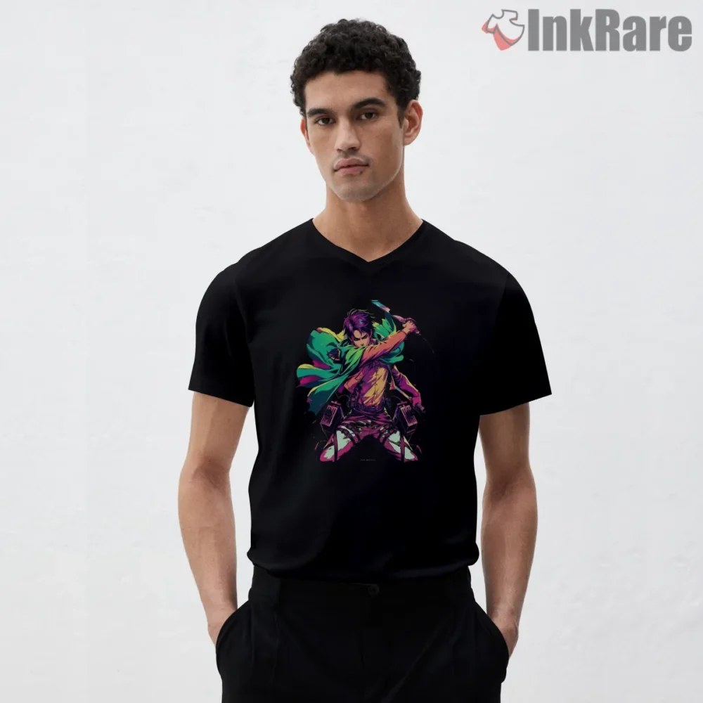 Eren Jaeger Neon Cloak Strike Shirt on black v-neck shirt for men graphic tee