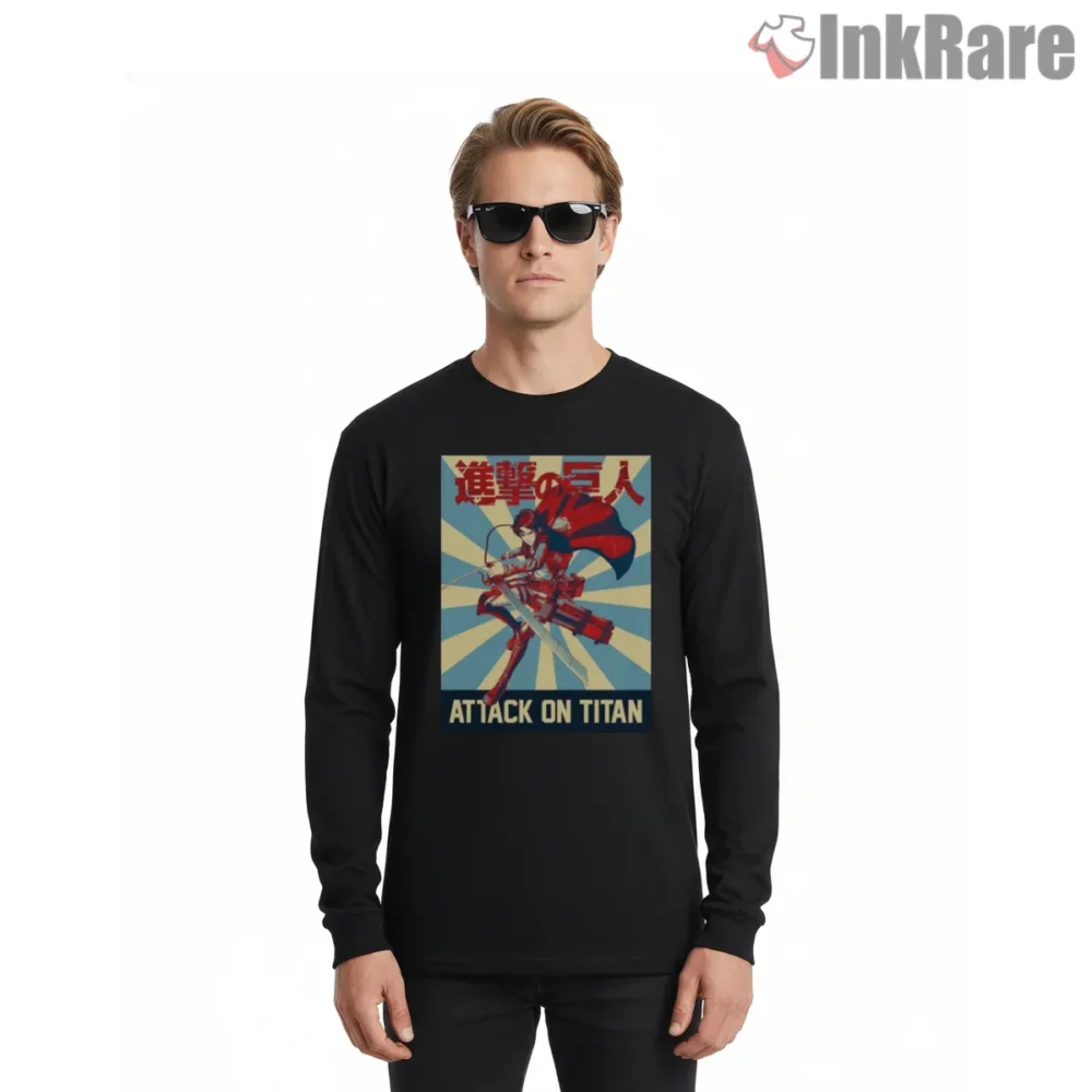 Eren Jaeger Retro Attack On Titan Poster Shirt on black long sleeve shirt for men graphic tee
