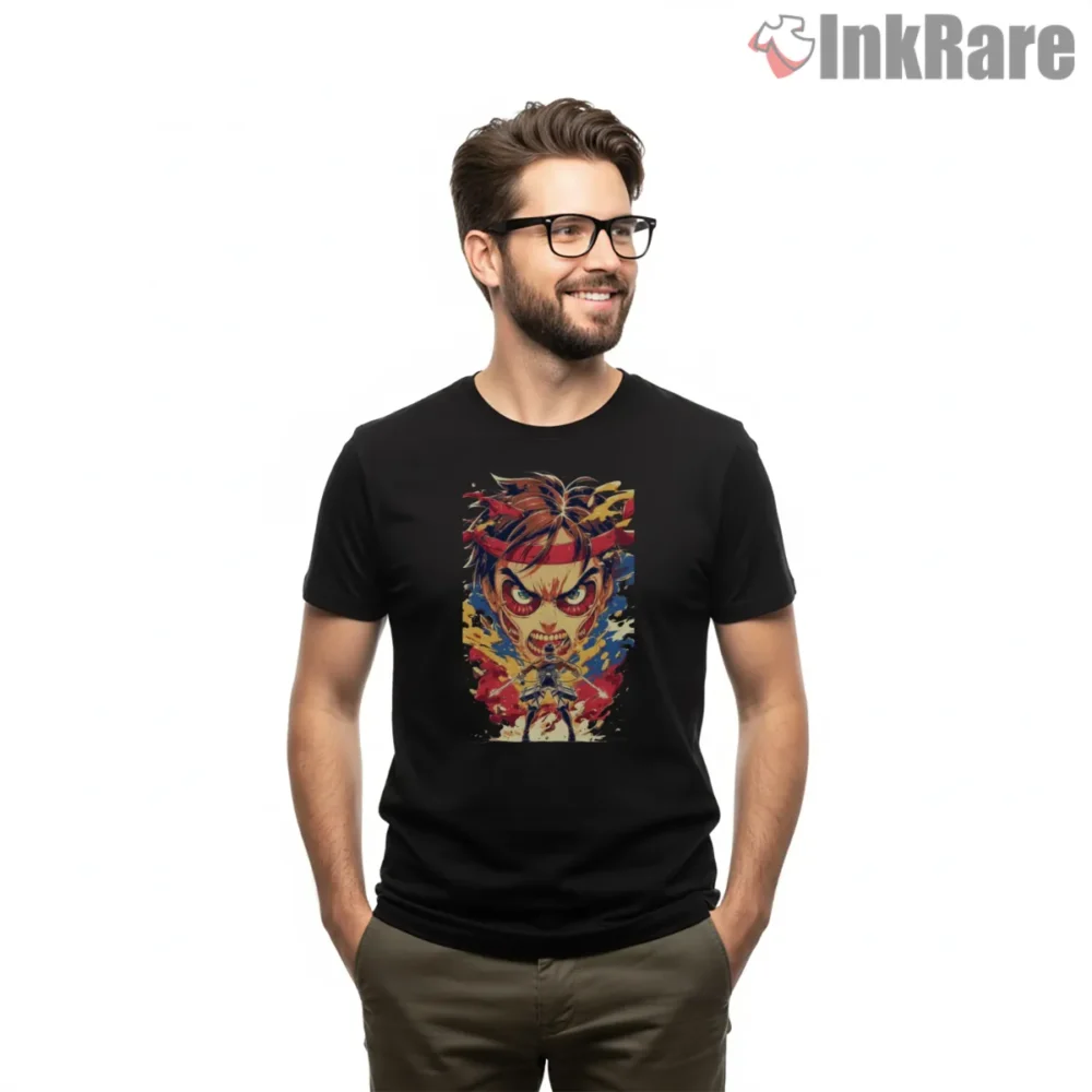 Eren Titan Versus Scouts Battle Collage Shirt on black short sleeve shirt for men graphic tee