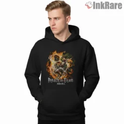 Eren Yeager Fiery Attack Titan Whirlwind Shirt on black hoodie for men graphic tee