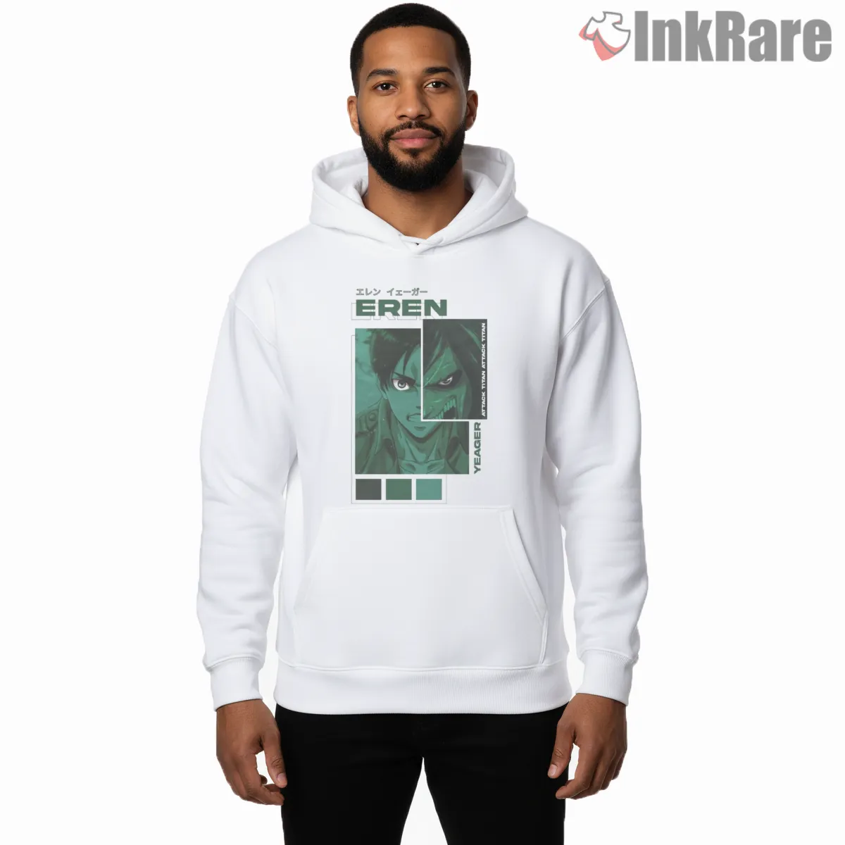 Eren Yeager Green Panel Shingeki No Kyojin Shirt on white hoodie for men graphic tee