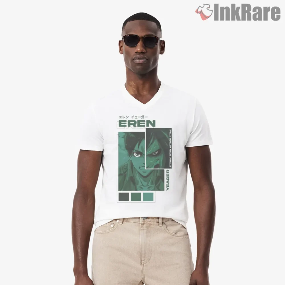 Eren Yeager Green Panel Shingeki No Kyojin Shirt on white v-neck shirt for men graphic tee